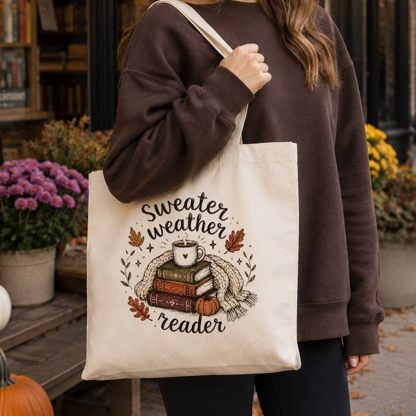 Sweater Weather Reader Fall Bookish Canvas Tote Bag